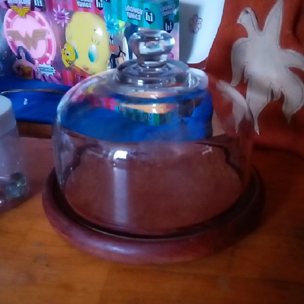 Vintage Cheese Bowl Serving Dish With Glass Dome Cover And Wooden Base